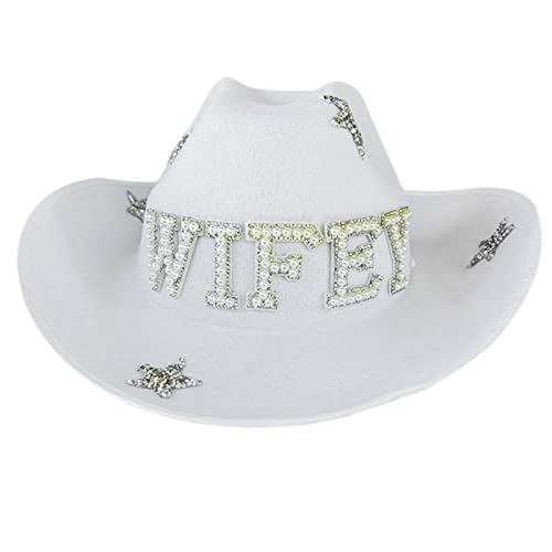 Fahoujs Shining Wifey Sonnenschutz, Partyhut, verstellbar, Seil, Braut, Cowboyhut, Zylinderhut mit großer Krempe, Brauthüte für Junggesellinnenabschied, Cowgirl, Brauthut für Junggesellinnenabschied von Fahoujs