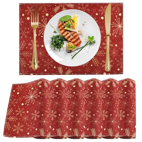 Weihnachten Tischsets Gold, FainFun 6er Set Tischsets Weihnachten Abwaschbar Gold, Weihnachtsservietten Stoff Rot, Weihnachtsservietten Rot Gold, für Esstisch Jute, Tischdekoration von FainFun