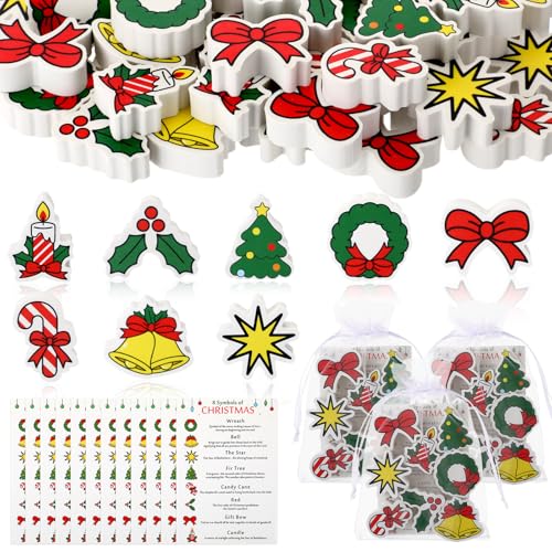 Fainne 12er-Set Weihnachts-Radiergummis für Kinder, Mini-Radiergummi, Großpackung Weihnachtskranz, Glocke, Stern, Baumstock, Schleife, Kerze, Stechpalme, Radiergummi mit Karten und Taschen für von Fainne