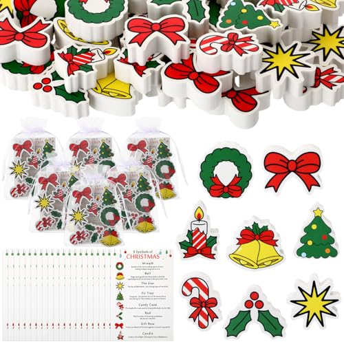 Fainne 24-teiliges Set Weihnachts-Radiergummis für Kinder, Mini-Radiergummi, Großpackung Weihnachtskranz, Glocke, Stern, Baumstock, Schleife, Kerze, Stechpalme, Radiergummi mit Karten und Taschen für von Fainne