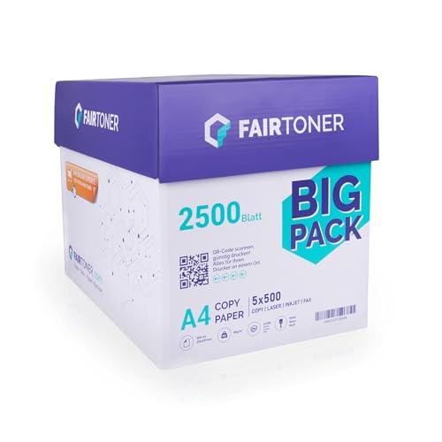 FairToner Kopierpapier 2500 Blatt DIN-A4 80g, Weiß (5 x 500 Blatt / 5er Pack) Universal Druckerpapier für Laserdrucker und Tintenstrahldrucker geeignet von FairToner