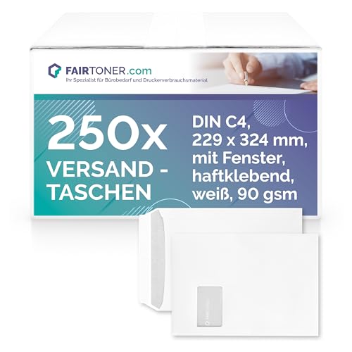 Fairtoner Versandtasche C4 90gsm Haftklebend, mit Innendruck (250 Stück Umschläge),mit Fenster von FairToner