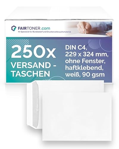 Fairtoner Versandtasche C4 (250 Stück Umschläge) Haftklebende Versandtaschen weiß 90gsm, mit Innendruck,ohne Fenster von FairToner