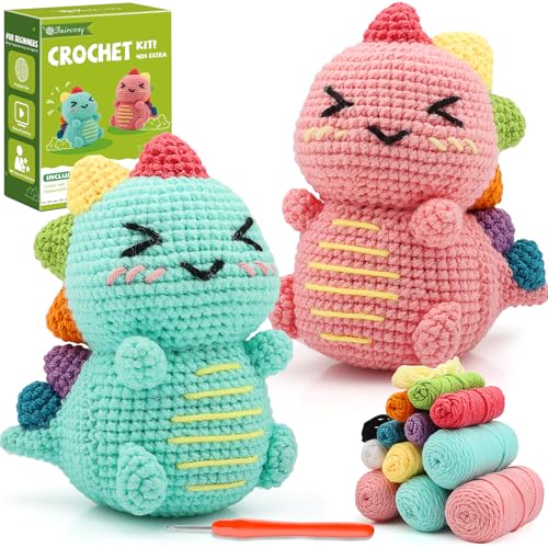 Faircosy Dinosaurier-Häkelset für Anfänger: 2 Häkeltier-Sets für Kinder und Erwachsene – Häkeln lernen, niedliches Amigurumi-Starter-Set mit schriftlichem Muster und Video-Tutorials (40 % + Garn von Faircosy