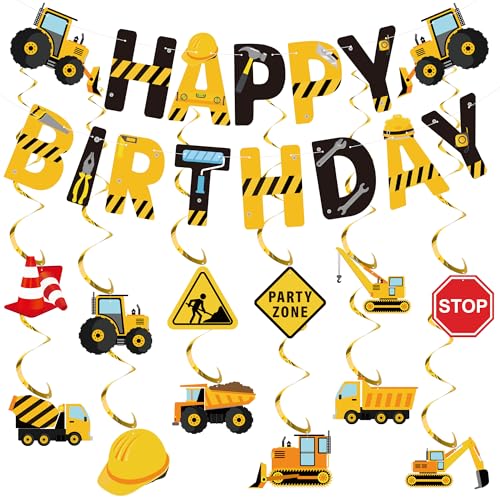 27 Stück Bau Geburtstag Party Dekorationen Bau Happy Birthday Banner Fahrzeug LKW Hängende Wirbel Bau Party Decke Luftschlangen Dekor für Bau Thema Geburtstag Party Supplies von Fairooth