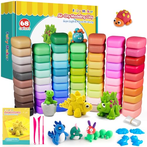 Fairy Maker Modelliermasse Lufttrocknend - 68 Farben Knete Set für Kinder, DIY Bastelset mit 3 Werkzeugen, 4 Dinosaurier-Formen, 7 Beuteln, Anleitungsbuch, Geschenk für Jungen und Mädchen ab 6 Jahren von Fairy Maker