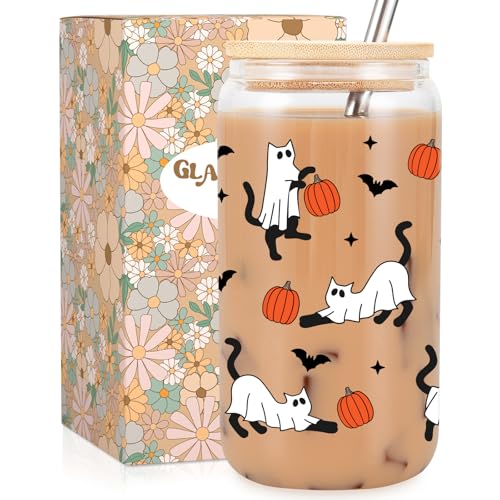 Fairy's Gift Halloween-Katzen-Eiskaffeetasse, Halloween-Kürbis-Glas, 473 ml, gruseliger Kaffee-Glasbecher mit Deckel, Strohhalm, Boo Basket Stuffers, gruselige Geschenke für Katzenliebhaber, Frauen, von Fairy's Gift