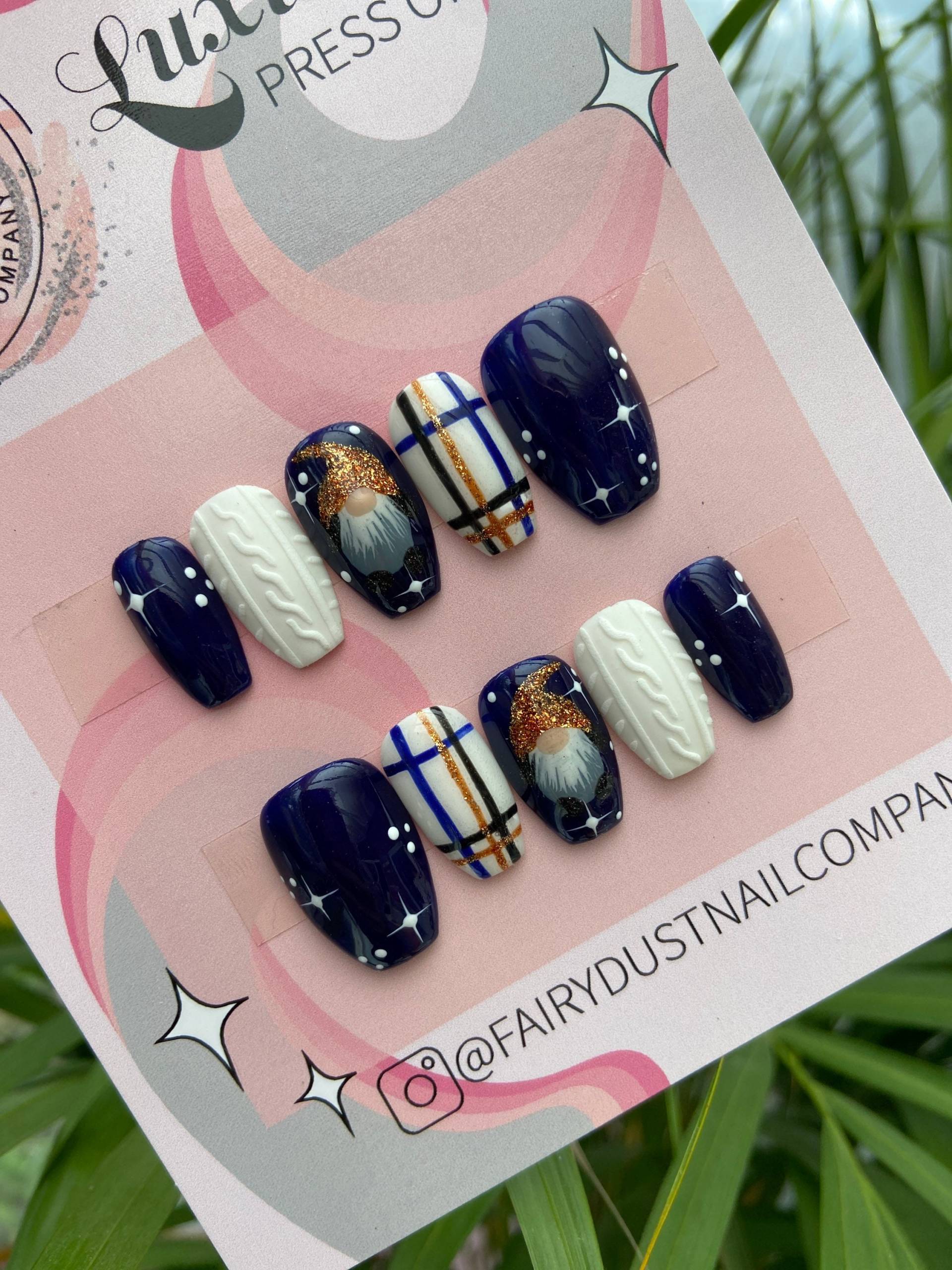 Marineblau Und Goldweihnachtsgonk Drücken Sie Auf Die Nägel | Kleben Nägel Künstliche Falsche Weihnachtsnägel Christus von Fairydustnailcompany