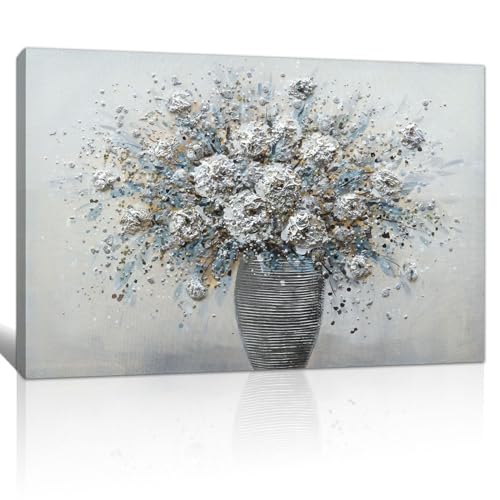 Retro Mit Rahmen Leinwand Wandbilder, Rustikale blau grau blühende Blume in Vase leinwand bilder gedruckt auf leinwand bilderdruckt Wanddekoration für Schlafzimmer Wohnzimmer Bad Büro hängen 40×60CM von FajerminArt