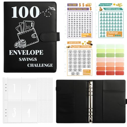 100 Umschläge Spar Challenge Sparbuch mit Geldumschlägen und Kartenpapier Spar Challenge Ordner Lustiges Haushaltsbuch für Büro Zuhause Schule (schwarz) von Falafoty