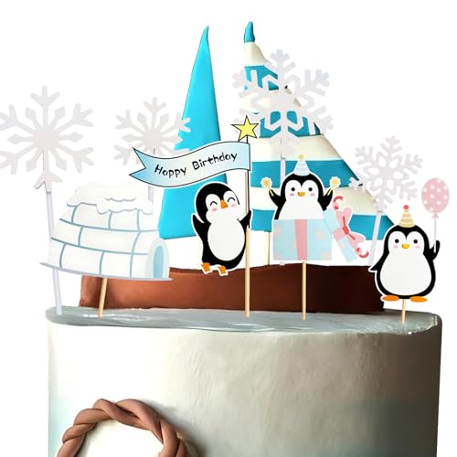 12 Stück Pinguin Kuchendekorationen Schneeflocken Kuchenaufsatz für Jungen Mädchen Winter Pinguin Happy Birthday Kuchenaufsatz Set für Partyzubehör Babyparty von Falafoty