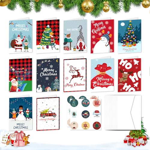 12PCS Weihnachtsgrußkarten mit Umschlägen und Aufklebern, Frohe Weihnachten Karten, Weihnachten Geschenkkarte Postkarte, Weihnachts Kraftpapier Klappkarten für Freunde Familie Party Einladung von Falafoty