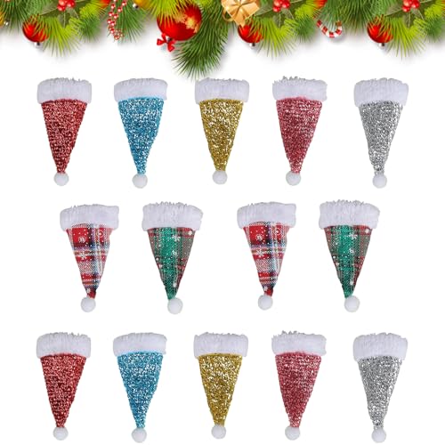 14PCS Mini Weihnachtsmütze, Pailletten Weihnachtsmann Mütze Besteckhalter, Lollipop Hut Flaschenverschluss Dekoration, Weihnachten Weinflasche Abdeckung Hunde Kostüm Handwerk Puppenzubehör Geschenk von Falafoty