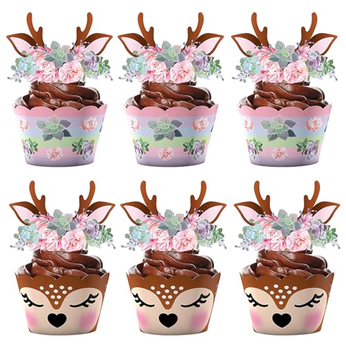 24PCS Weihnachts Cupcake Topper und Wrapper, Weihnachtskuchen Topper Weihnachten Rentier Kuchen Dekorationen, Rentier Cupcake Dekoration für Weihnachten Urlaub Neujahr Party Dessert Backen von Falafoty