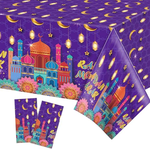 Eid Ramadan Tischdecken, Lila Einweg Plastik Wasserdicht Tischtuch, Eid Mubarak Mond, Stern Rechteckige Tischdecke für Muslim Islamische Party Abendessen Tischdekoration 130 X 220cm (2PCS) von Falafoty