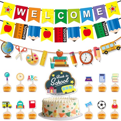 Einschulung Deko, Welcome Back to School Banner und Bunte Cupcake Topper, Kinder Schultag Schuleinführung Zurück zur Schule Dekoration für den ersten Schultag Feier zum Schulanfang Party Zubehö von Falafoty