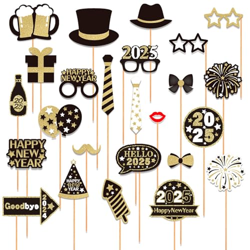 Falafoty 2025 Neujahr Foto Requisiten, Schwarz Gold Silvester Photo Booth Props Party Dekor, Glitzer Selfie Requisiten Accessoires für Erwachsene Kinder Silvester Partyfotoautomat Zubehör (25PCS) von Falafoty