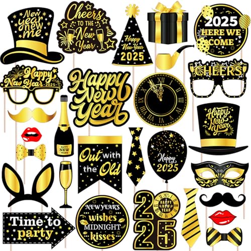 Falafoty 2025 Neujahr Foto Requisiten, Schwarz Gold Silvester Photo Booth Props Party Dekor, Glitzer Selfie Requisiten Accessoires für Erwachsene Kinder Silvester Partyfotoautomat Zubehör (28PCS) von Falafoty