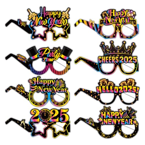 Falafoty 8PCS Frohes Neues Jahr Brille, 2025 Silvester Brille Spaß Papier Partybrille Foto Requisite Neujahr Dekorativ Brillen Rahmen, Erwachsene Kinder Happy New Year Brillen Party Dekoration (Bunt) von Falafoty