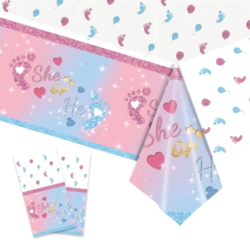 Falafoty Gender Reveal Party Tischdecke 2PCS Rosa Blau She or He Tischdecke Einweg wasserdichte Tischdecke zum Thema Ballon für Kinder Geburtstag Baby Shower Party Tischdekoration 137×274cm von Falafoty