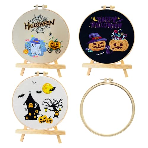 Halloween-Stickset mit drei Designs, Kürbismuster, Kreuzstich-Set, enthält Bambusrahmen, Stickgarne, DIY-Nähprojekte für Erwachsene, Anfänger, Kinder, Anfänger, Strickset von Falafoty