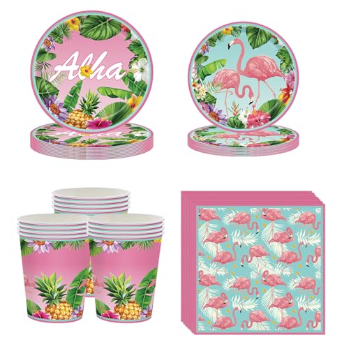 Hawaiian Flamingo Partygeschirr Aloha Partyzubehörsets, Tropische Luau Party Dekoration Pappteller, Servietten und Tassen für Hawaii Sommer Tropische Geburtstag Party Geschirr 25 Gäste (100PCS) von Falafoty