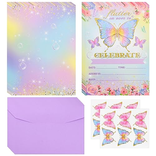 Regenbogen Schmetterling Party Einladung 12PCS Party Einladungskarte, Party Supplies mit Umschlägen für Mädchen Jungen Geburtstag Baby Dusche, Geburtstag Party Einladungskarte (Schmetterling Lila) von Falafoty