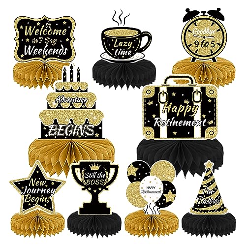 Falafoty Ruhestand Tischdekorationen 9PCS Glitzer Ruhestand Bienenwaben-Mittelstücke Party Dekoration Glücklicher Ruhestand Wabenförmige Tischaufsätze Partyzubehör für Männer Frauen (Schwarzes Gold) von Falafoty