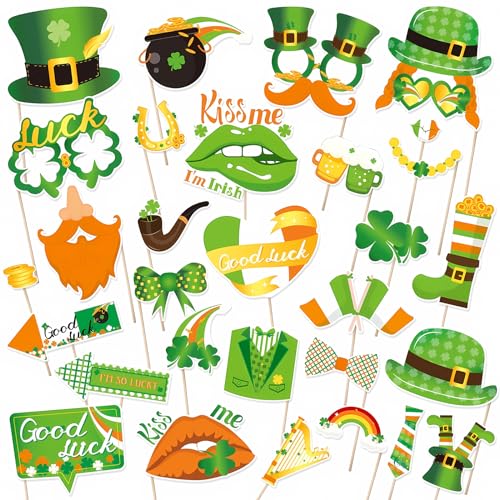 St. Patrick's Day Fotorequisiten, 30PCS Grünes Kleeblatt Selfie-Requisiten Irische Party Dekoration, Lustig Irische Partyfotoautomat Zubehör für St. Patrick's Day Partyspiel Foto-Requisiten von Falafoty