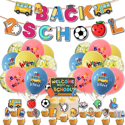 Willkommen zurück zu Schule Dekorationen Satz Welcome Back to School Banner Bunte Luftballons Cupcake-Topper Aufhängen von Deko für den ersten Schultag für Familie und Klassenzimmer Party Zubehör von Falafoty