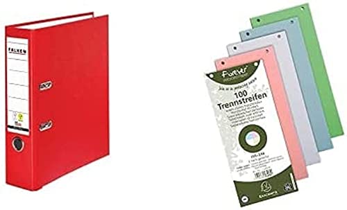 Set aus: Original Falken PP-Color Kunststoff-Ordner. Made in Germany. 8 cm breit DIN A4 rot und Exacompta 100er Pack Karton-Trennstreifen. 10,5 x 24 cm farbig sortiert von FALKEN