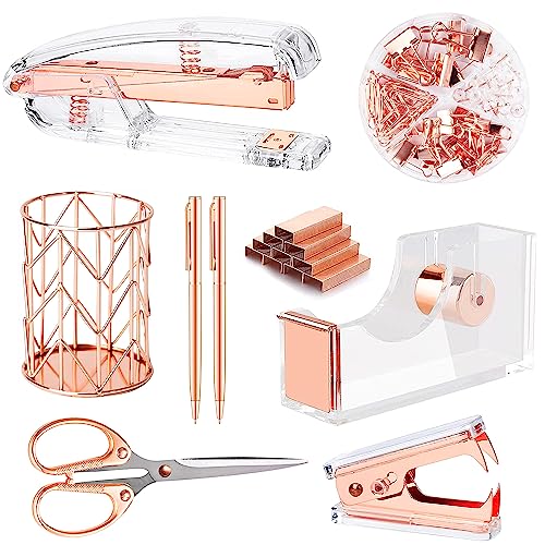 Famassi Roségoldenes Schreibtischzubehör, Bürobedarf-Set, Acryl-Hefter-Set, Heftklammerentferner, Klebebandhalter, Stifthalter, 2 Kugelschreiber, Binder-Clips, Büroklammern und 1000 Heftklammern. von Famassi