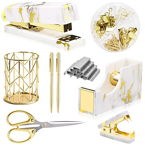 Gold Marble Schreibtisch Zubehör, Bürobedarf Set Heftklammerentferner, Klebebandhalter, Stifthalter, 2 Kugelschreiber, Schere, Binder Clips, Büroklammern und 1000 Stück Heftklammern. von Famassi