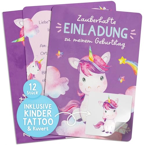 Famifidus 12x Einladungskarten Kindergeburtstag mit Kindertattoos I Einladungskarten Geburtstag in verschiedenen Motiven I Einladungskarten Kindergeburtstag Mädchen & Jungen (Einhörner) von Famifidus