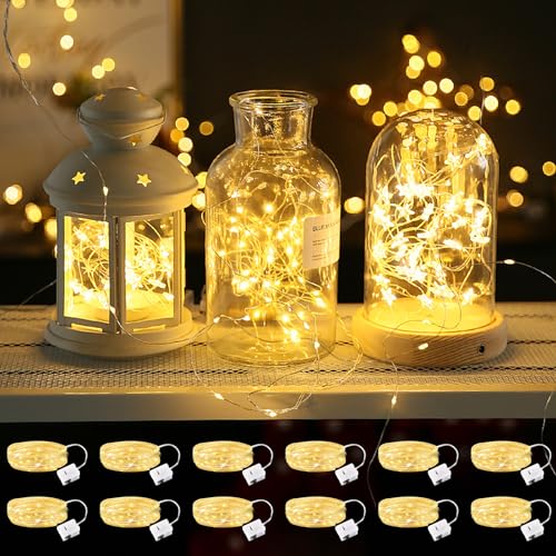 Famini 12 Stück LED Mini Lichterkette mit Batterie, 2M 20 LED Kupferdraht Lichterkette Innen, Lichterketten Weihnachten Batteriebetrieben Wasserdichte für Party Feste Hochzeit Deko, Warmweiß von Famini