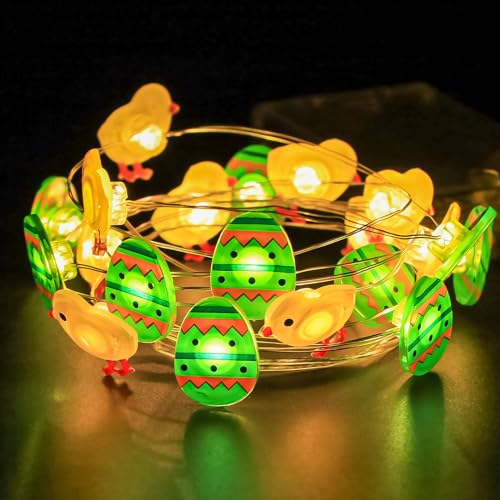 Famini Osterküken Lichterkette, 2M Osterdekoration Lichterkette, 20 LED Ostern Lichterketten, Küken und Gefärbte Eier Led Osterbeleuchtung für Osterdeko Innen von Famini