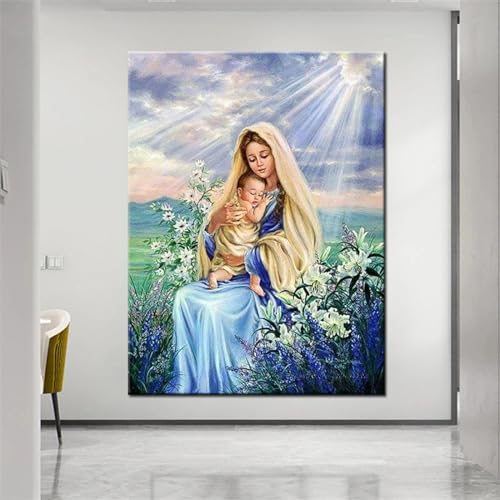 DIY Diamant Painting Bilder, 5D Diamond Painting Set, Madonna Jungfrau Kind Vollbohrer Diamond Art Painting Kits,Diamant Malerei Bilder Nach Zahlen,für Wand Art Dekor 60x80cm von FanSee