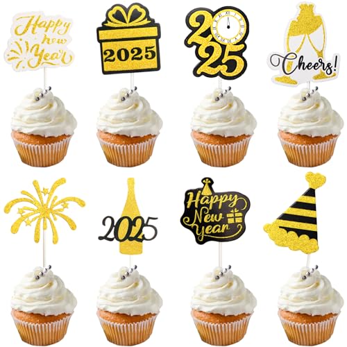 72 Stück glitzernde Cupcake-Topper "Happy New Year" 2025 Silvester Party Dekorationen NYE Party Favor Supplies von Fancy Land