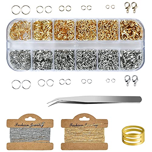 1040 Stk Biegeringe Spaltringe, 2 Gliederkette mit Kettenringe Karabinerverschlüssen Pinzette, 4-10 mm Metall-Biegeringen für Basteln Halsketten Armband, Gold & Silber von Fangehong