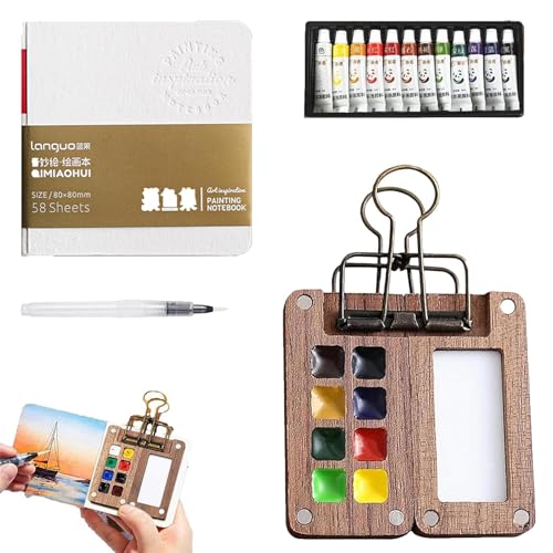 15 Farben Tragbare Aquarell Palette, Mini Aquarellkasten, Aquarellfarben Set, Skizzenbuch Palette aus Holz, Aquarell Malkasten, Magnetpalette mit Clip Mini-Holzpalettenbo Zusammenklappbare (8 Gitter) von Fangehong