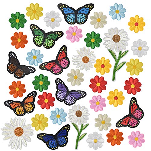 39 Stück Blumen Schmetterlinge Bügelflicken, Applikation Flicken Patches zum Aufbügeln Annähen Dekoration Patch Sticker, Gestickten Aufnäher Aufkleber für Kleidung Jean Jacken Tasche von Fangehong