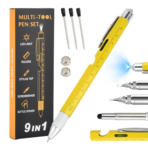 Fangehong 9 In 1 Multifunktions Kugelschreiber, Metall Druckkugelschreiber, Stift Geschenke für Männer, Taktischer Stift mit LED für Herren Vatertag Geschenk, Weihnachts (Gelb) von Fangehong