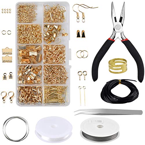 Fangehong Schmuck Basteln Set, Schmuckherstellung Set Ohrringe Armbänder Selber Machen, Schmuck Reparatur Kit Verschlüsse Draht Pinzette Zange Quetschperlen Ösen für Anfänger DIY Bastelbedarf (Gold) von Fangehong