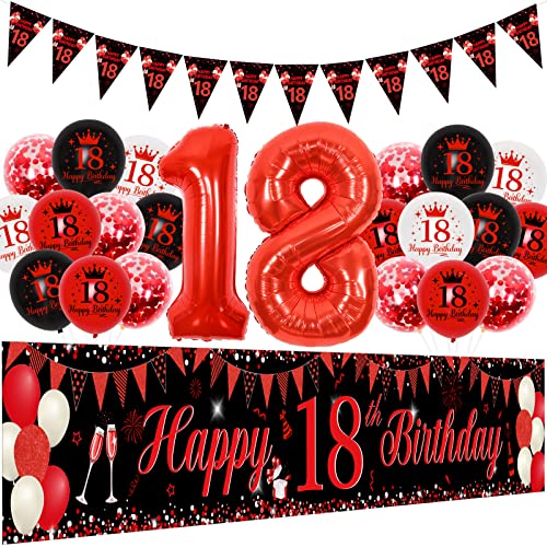 Fangleland 18 Geburtstag Dekorationen Rot Schwarz für Jungen Mädchen, 18 Geburtstag Party Supplies Happy 18th Birthday Yard Banner 3 x 0,5 m Konfetti Folienballons Dreieck Flagge für achtzehn von Fangleland