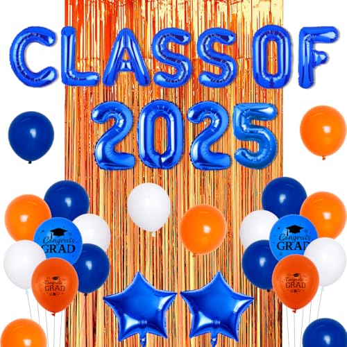 2025 Graduation Dekorationen Orange und Blau, Klasse von 2025 Ballon Banner Congrats Grade Balloons Kit - Fransenvorhang Glückwunsch Party Supplies für College High School von Fangleland