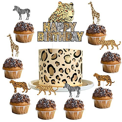 25 Stück Cheetah Happy Birthday Kuchen Topper Dschungel Safari Tier Cupcake Topper für Junge Mädchen Wild Geburtstag Baby Shower Party Supplies von Fangleland