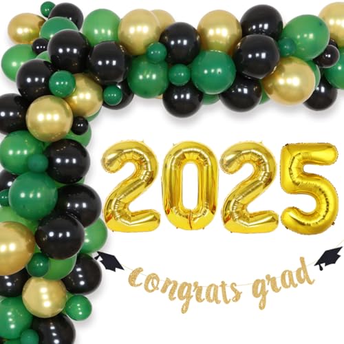 Abschlussdekorationen 2025 Schwarz Grün und Gold, Klasse 2025 Ballongirlande Bogen Kit - Congrats Grad Banner für College High School Graduation Party Supplies von Fangleland