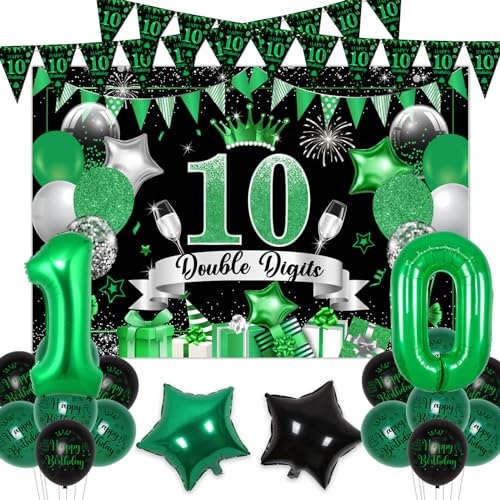 Fangleland 10. Geburtstag Dekorationen Grün und Schwarz, Happy 10th Birthday Bunting Banner Luftballons Hintergrund Nummer 10 Folienballons für 10 Jahre alt Geburtstag Party Supplies Jungen Mädchen von Fangleland