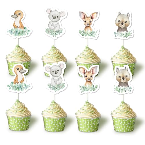 Fangleland 24 australische Tiere Cupcake Toppers für Jungen und Mädchen Geburtstag Baby-Dusche, Koala, Känguru, Schnabeltier und Wombat Patterned Cupcake Picks Kuchen Dekorationen von Fangleland