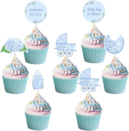 Fangleland 24Pcs Blaue Hortensie Cupcake Topper, Baby Junge in Blüte Willkommen Baby Cupcake Picks Baby Dusche Dekorationen, Frühling Blumen Blumen für Geschlecht Reveal Party Zubehör von Fangleland